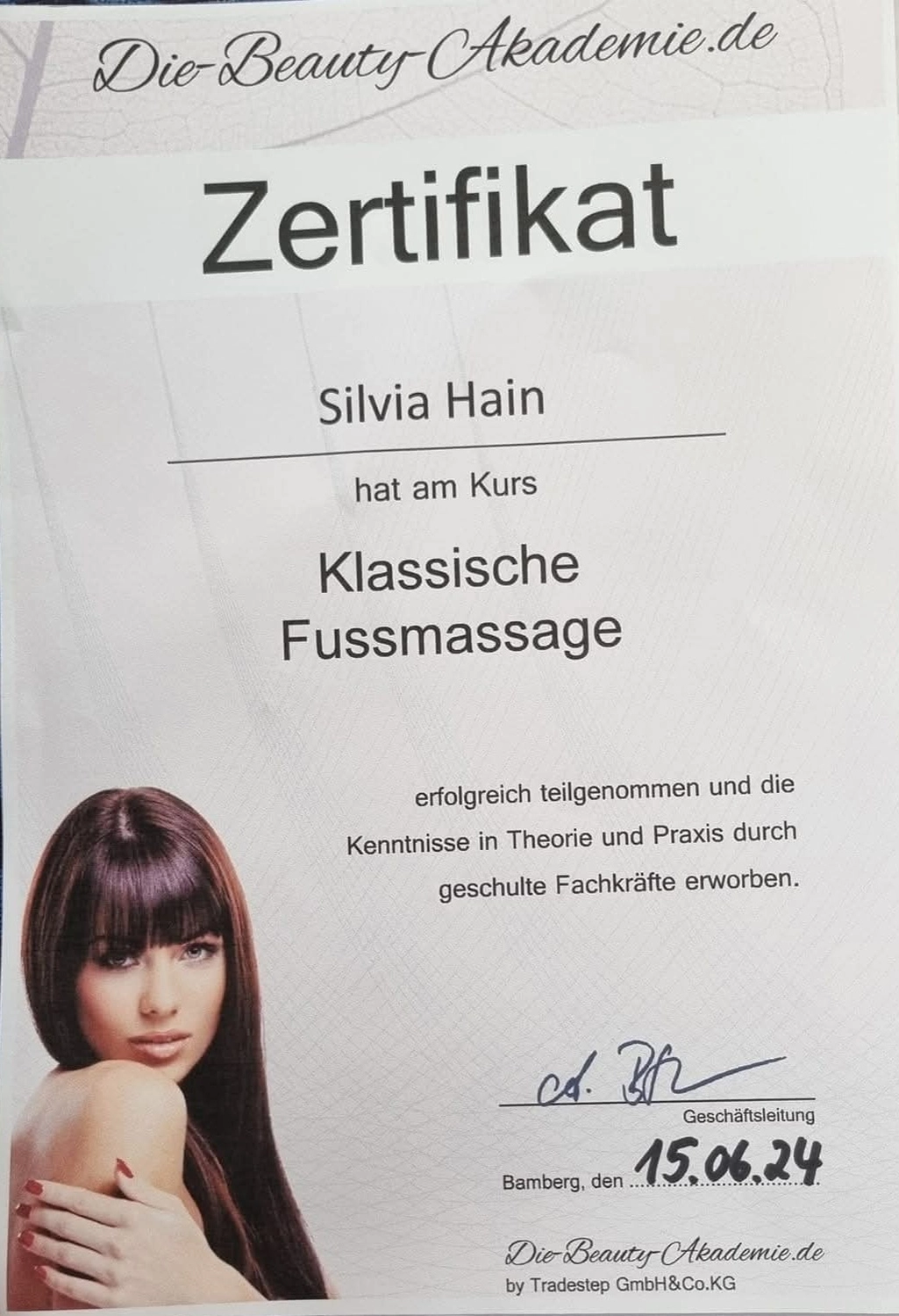 Nagelstudio Hain - Nageldesign - Zertifikat für klassische Fußmassage